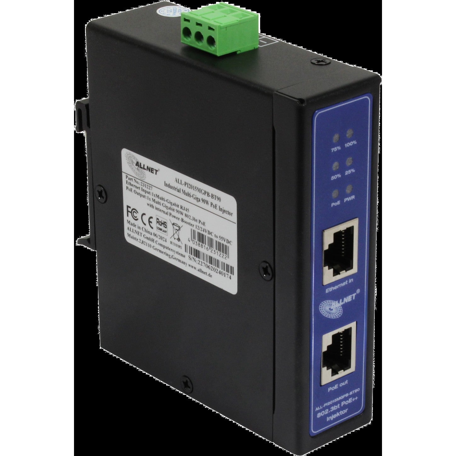 Z ALLNET PoE Injektor Industrial MultiGigabit • PoE BT mit Power-Booster (15.4W/30W/90W) • DIN •ALLNET PoE Injekt Metallgehäuse • ALL-PI2015MGPB-B