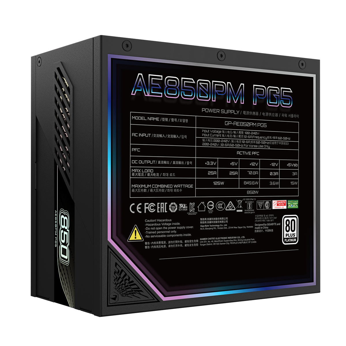 GIGABYTE AORUS ELITE P850W Netzteil - PCIe 5.0, 80 PLUS Platinum, Vollmodulares Design, 120mm Lüfter, ATX 3.0-kompatibel, EU-Stecker