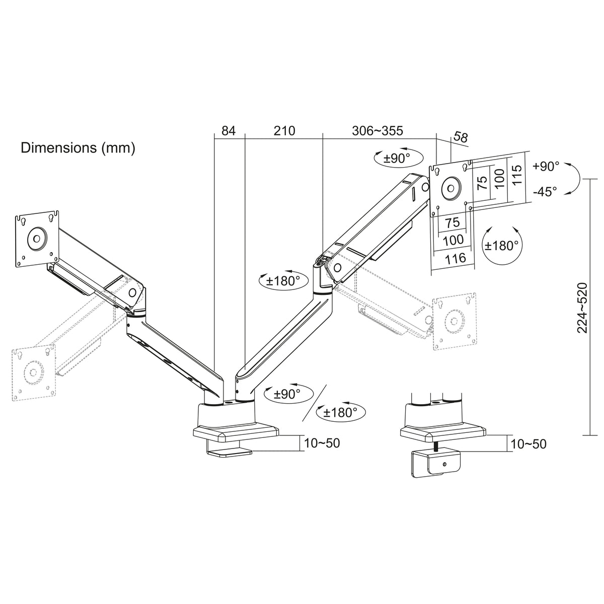 ACT Monitor-Tischhalterung mit Gasdruckfeder, 2 Bildschirme bis zu 32", VESA
