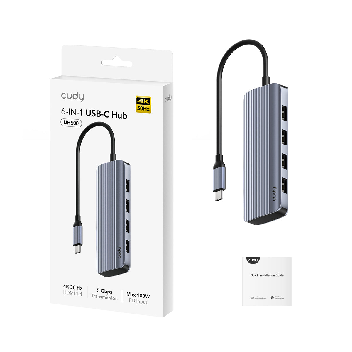 Cudy UH500 laptop-dockingstation & portreplikator USB 3.2 Gen 1 (3.1 Gen 1) Type-C Grau, Silber
