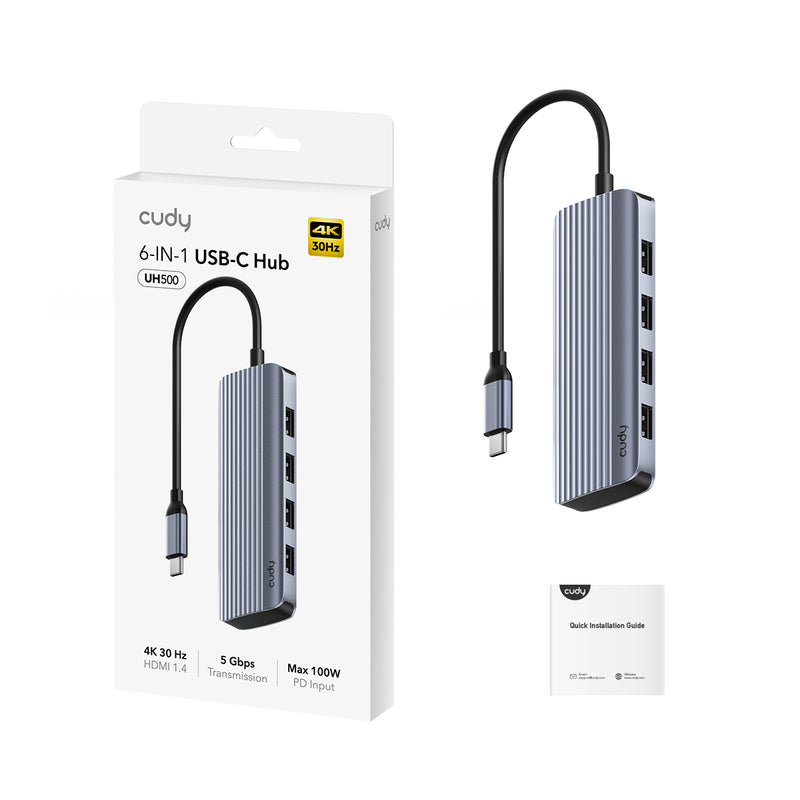 Cudy UH500 laptop-dockingstation & portreplikator USB 3.2 Gen 1 (3.1 Gen 1) Type-C Grau, Silber