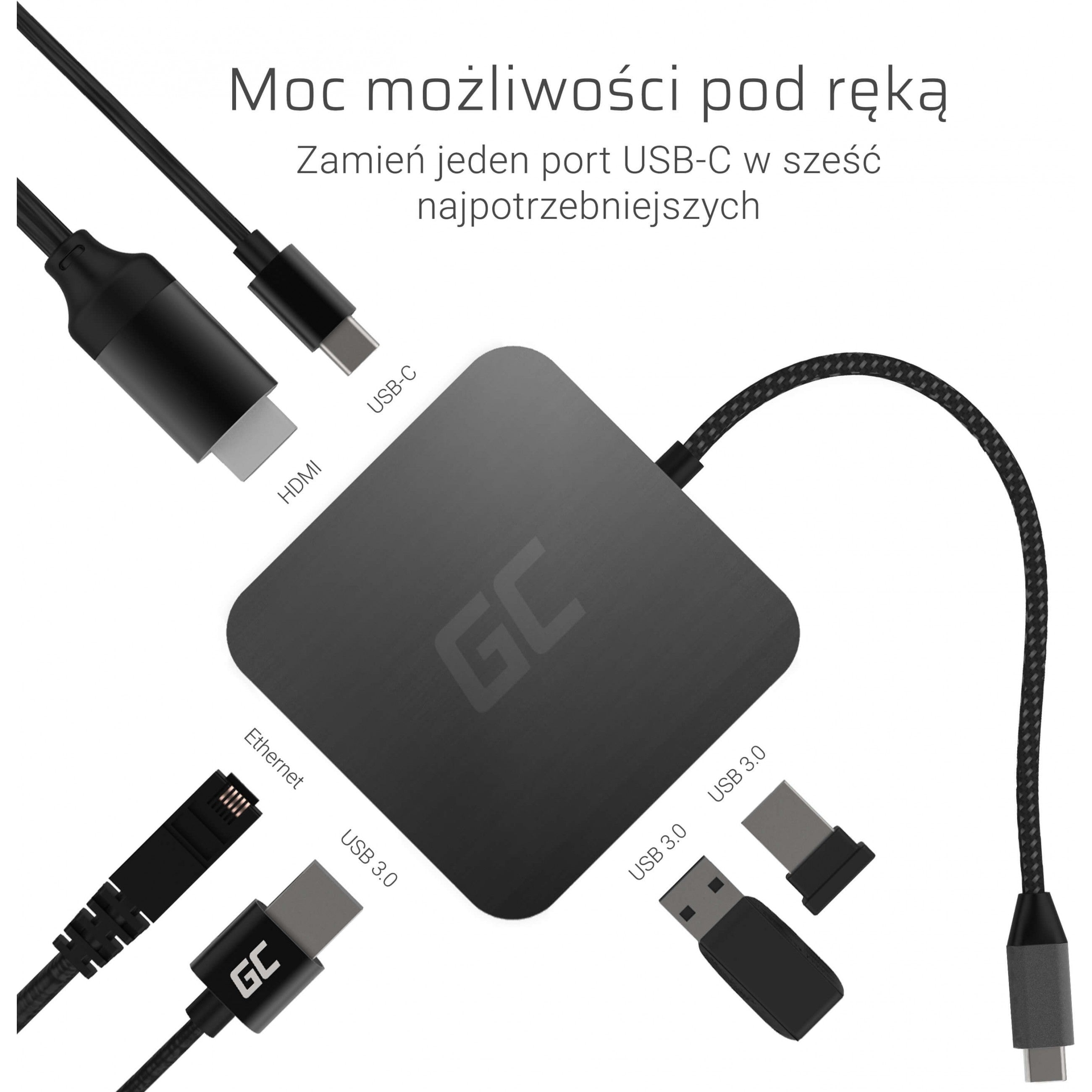 Green Cell AK61 USB-C HUB 6-Port 3xUSB 3.0| USB-C| HDMI| Gigabit LAN