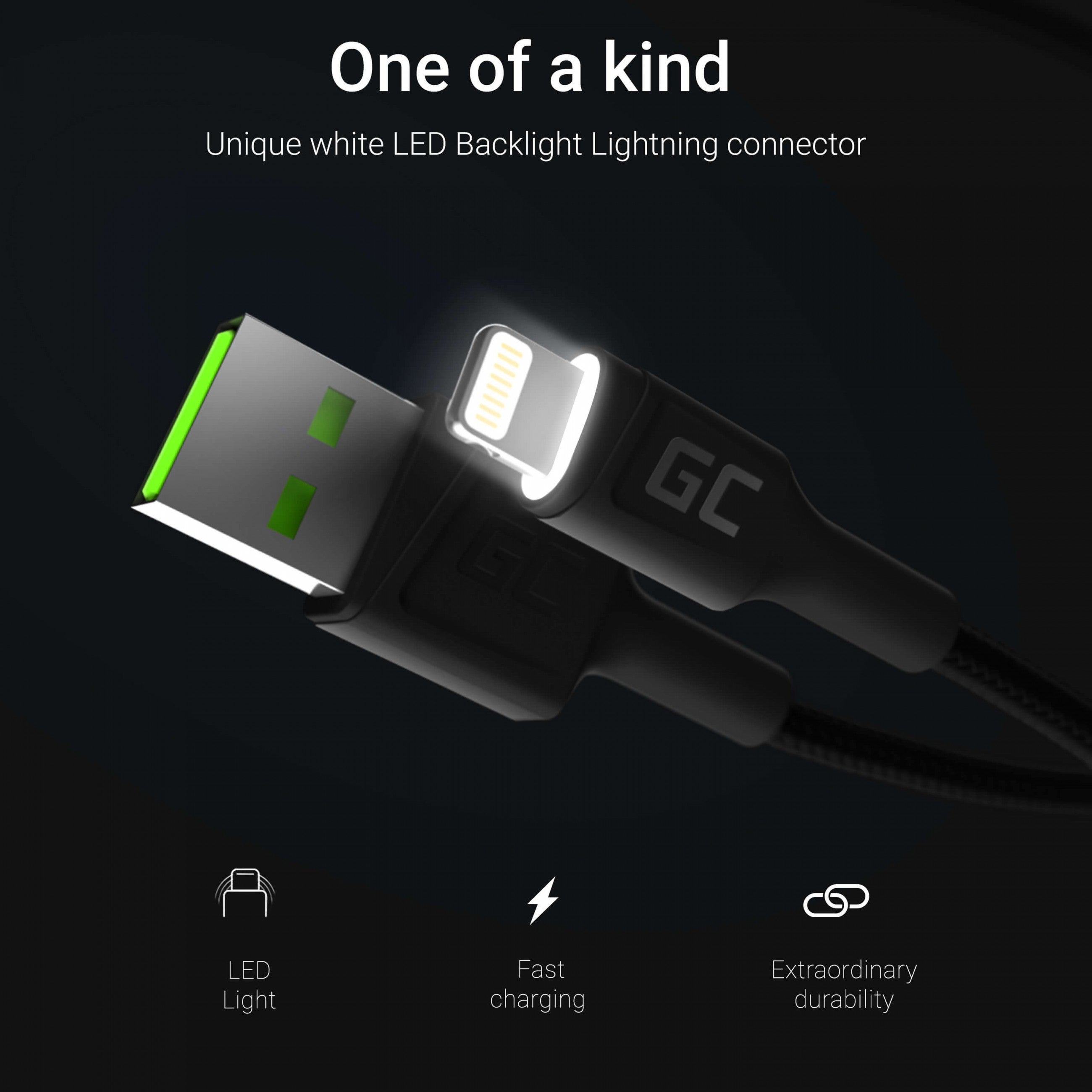Green Cell USB 3.0 > Lightning (ST-ST) 1.2m Ladekabel LED Schwarz