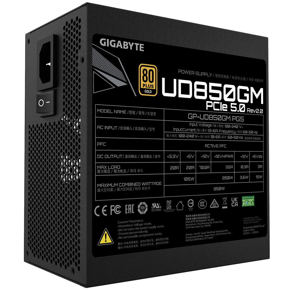 GIGABYTE UD850GM PG5 V2 Netzteil – PCIe Gen 5.1, 80 PLUS Gold, Vollmodulares Design, 120-mm-Lüfter, ATX 3.1-kompatibel, EU-Stecker