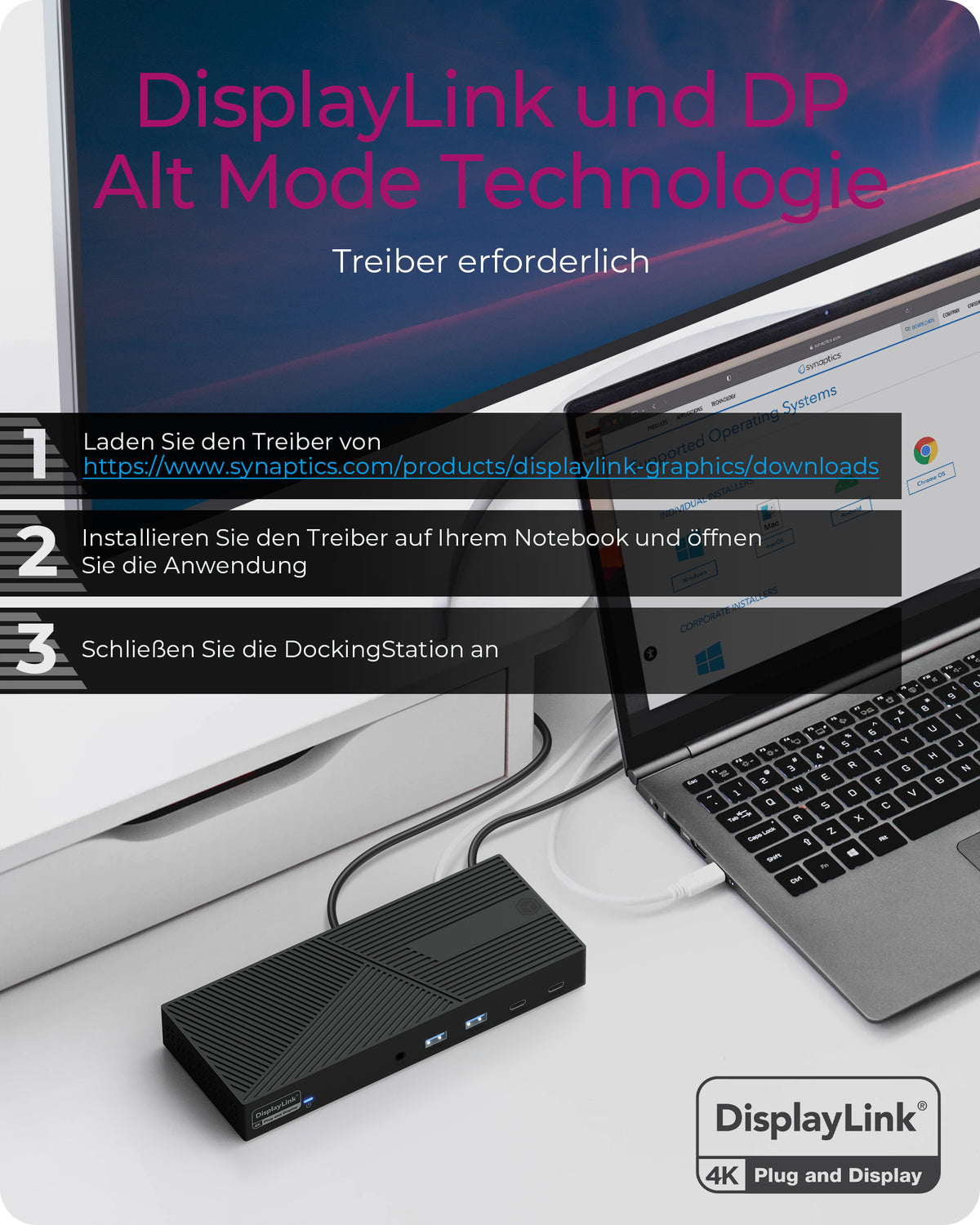 ICY BOX IB-DK2246AC, DisplayLink Notebook DockingStation, DisplayLink® und DP Alt Mode, 2x DisplayPort™ oder 2x HDMI® plus 1x HDMI® Schnittstelle bis zu 4096