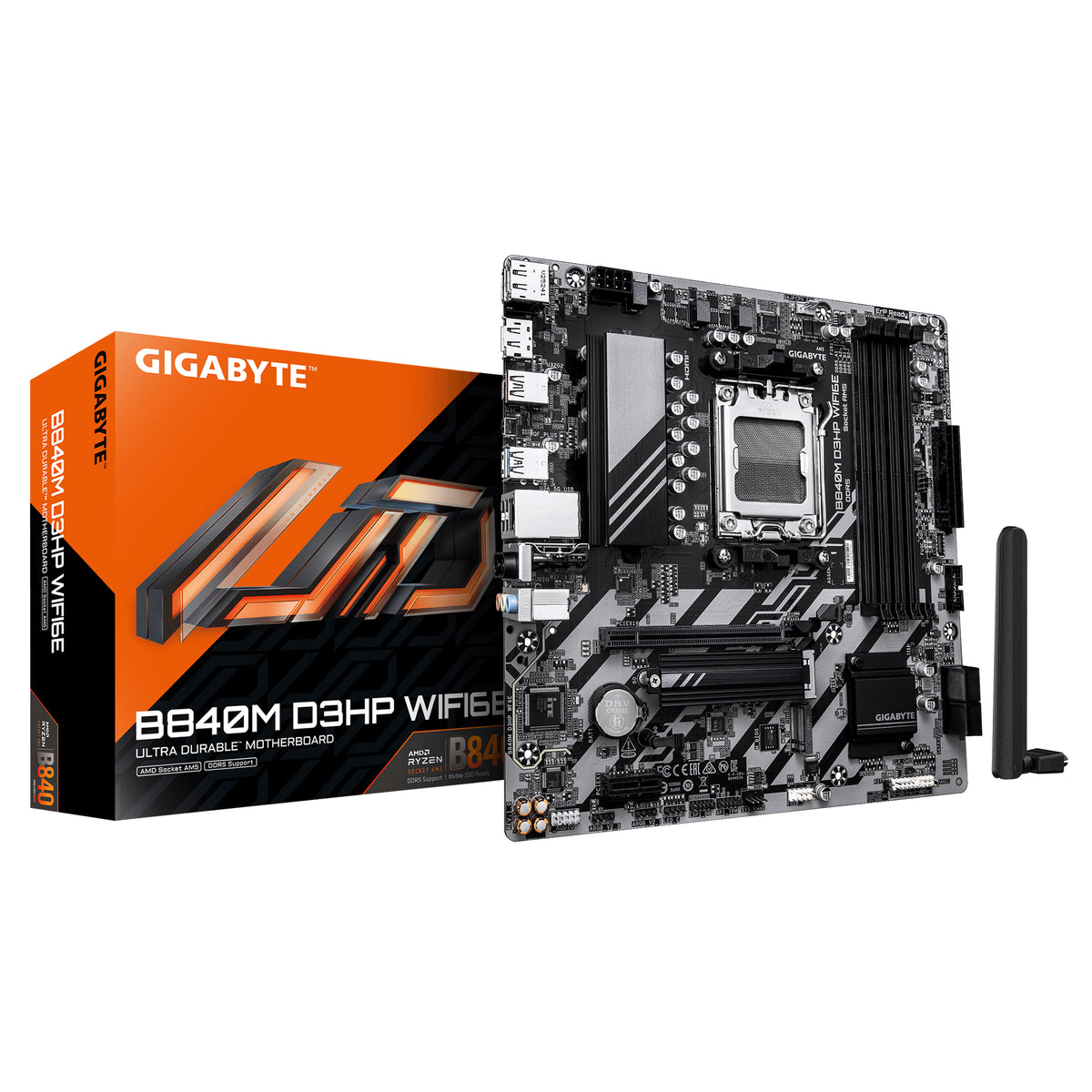 GIGABYTE B840M D3HP WIFI6E Mainboard – AMD Ryzen 9000 CPUs, 8+2+2-Phasen-VRM, bis zu 8200 MHz DDR5 (O.C.), 2× PCIe-4.0-M.2, Wi-Fi 6E, 1-GbE-LAN, USB 3.2 Gen 2