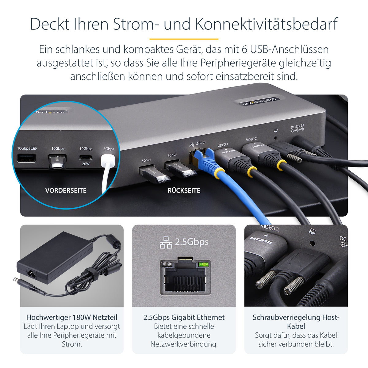 StarTech.com USB4-Dockingstation für zwei Monitore, Dual 4K mit 120Hz oder 8K mit 60Hz über HDMI, 100W Laptop-Ladung, 2,5GbE, USB-C Multi-Monitor-Dock, treiberlos