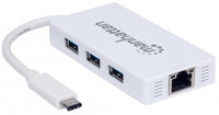 Manhattan USB-C auf 3-Port Hub mit Gigabit-Ethernet-Netzwerkadapter, USB 3.1 Gen 1 (5 Gbit/s) auf 10/100/1000 Mbit/s Gigabit Ethernet