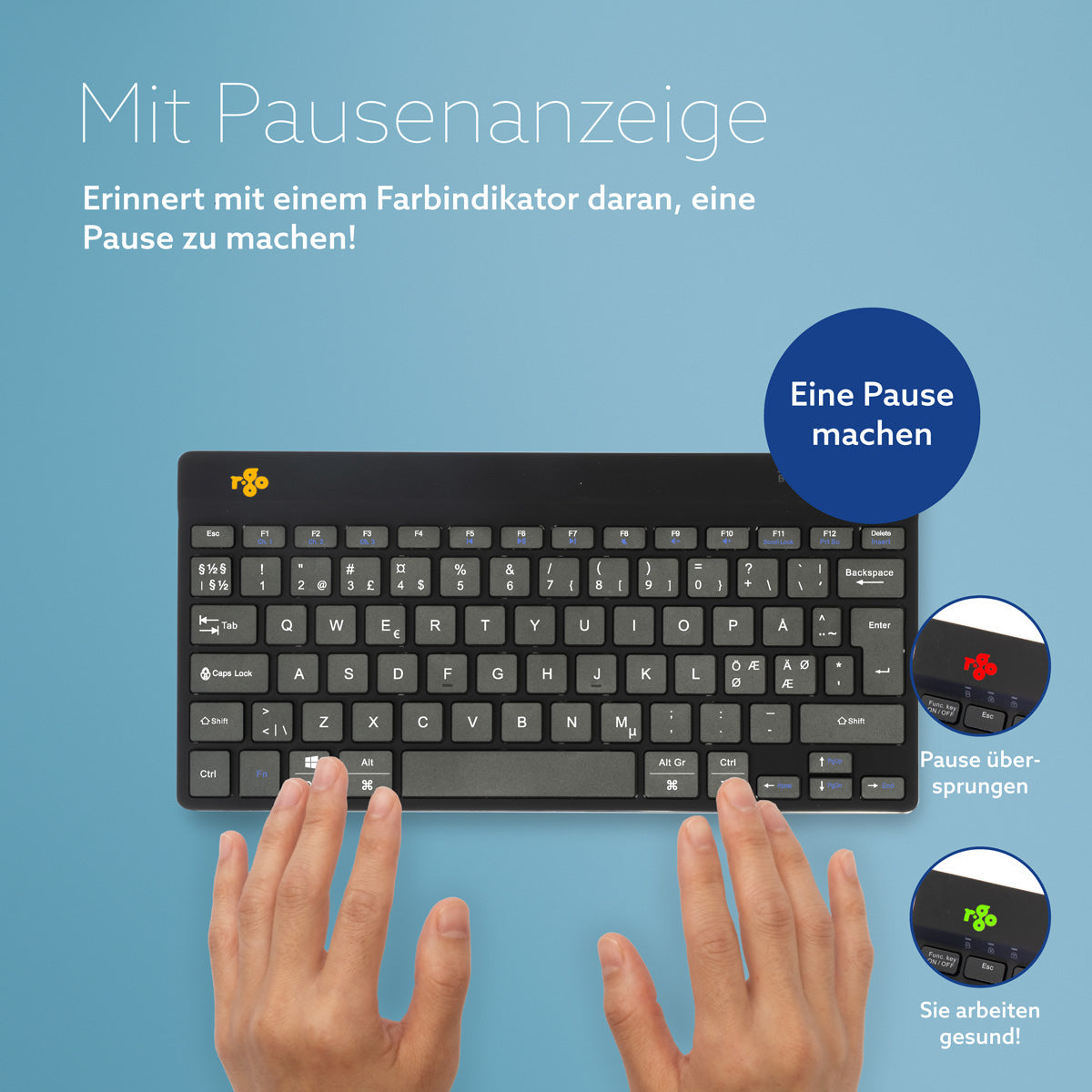 R-Go Tools Ergonomische Tastatur R-Go Compact Break, kompakte Tastatur mit Pausensoftware, QWERTY (NORDIC), Bluetooth, Schwarz
