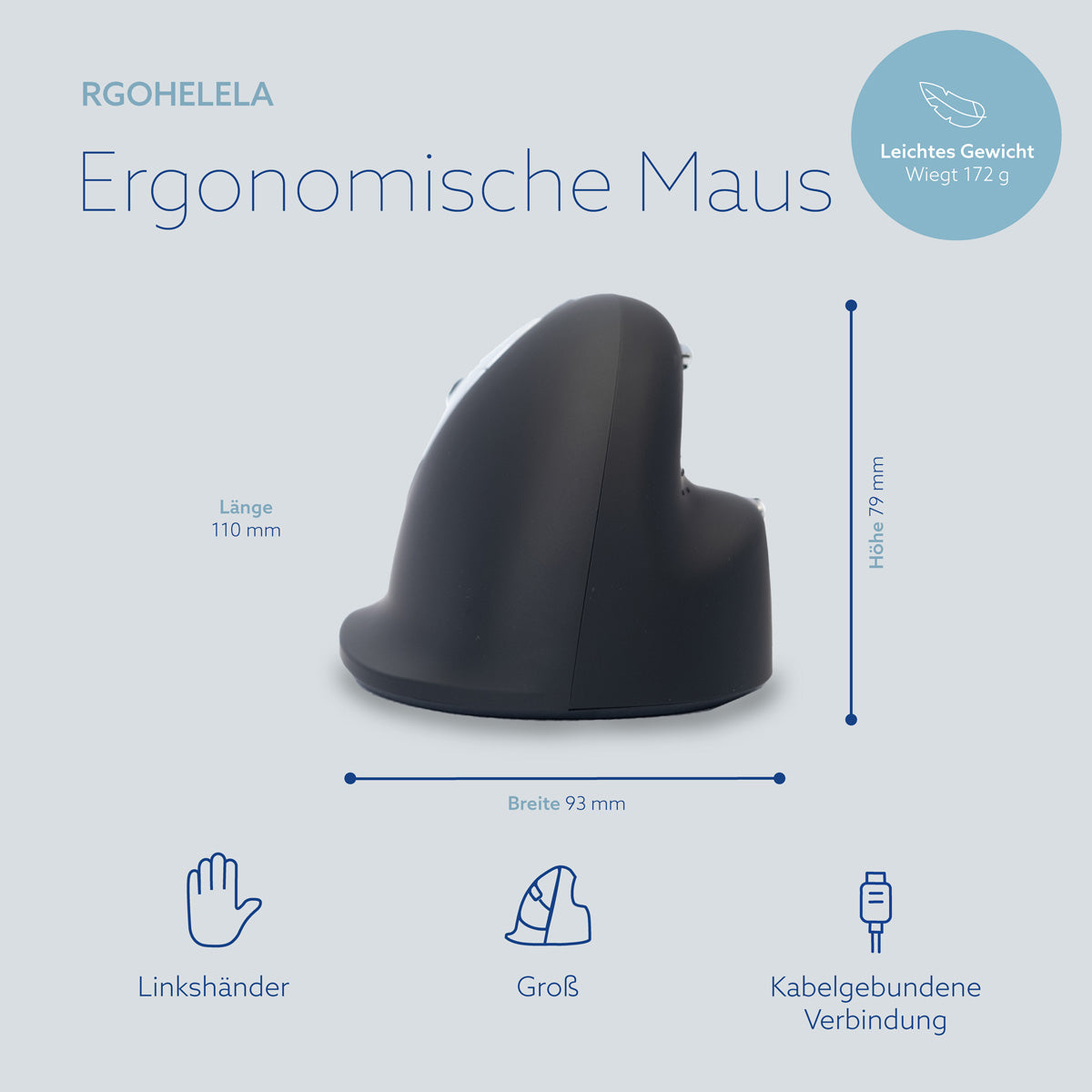 R-Go Tools Ergonomische Maus R-Go HE Break mit Pausensoftware, groß (Handlänge ≥ 185mm), für Linkshänder, verkabelt, schwarz