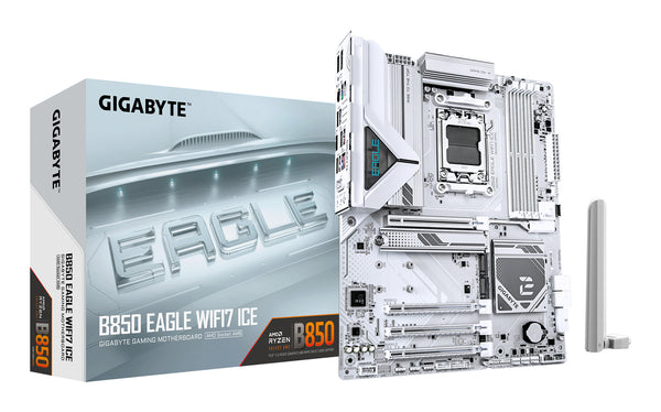 Carte mère GIGABYTE B850 EAGLE WIFI7 ICE – Processeurs AMD Ryzen série 9000, VRM numérique 8+2+2 phases, jusqu'à 8200 MHz DDR5 (O.C.), 1x PCIe 5.0 + 2x PCIe 4.0 M.2, Wi-Fi 7, LAN 2.5 GbE, USB 3.2 Gen 2