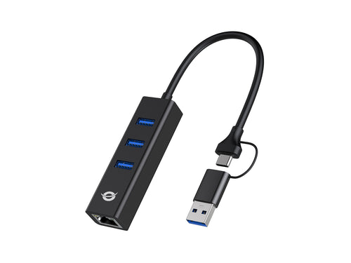 Conceptronic DONN07BA USB zu Gigabit-Netzwerkadapter mit 3-Port-USB-Hub, USB-A x 3, Wake-on-LAN, 2-in-1 USB-C USB-A Cable