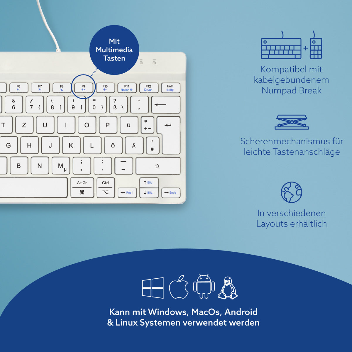 R-Go Tools Ergonomische Tastatur R-Go Compact Break, kompakte Tastatur mit Pausensoftware, QWERTZ (DE), Kabelgebunden, Weiß