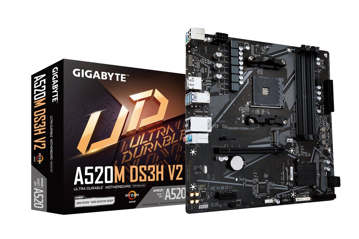 GIGABYTE A520M DS3H V2 Mainboard - Unterstützt AMD Ryzen 5000 Serie AM4 CPUs, bis zu 4733 MHz DDR4 (OC), PCIe 3.0 x16, GbE LAN, USB 3.2 Gen 1