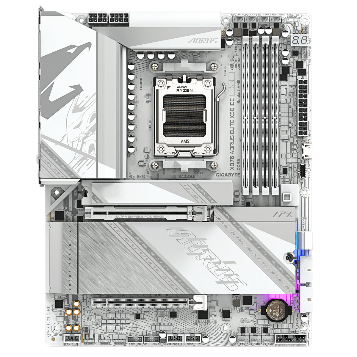 GIGABYTE X870 AORUS ELITE X3D ICE Mainboard - Unterstützt AMD Ryzen 9000 Prozessoren, 16+2+2 Phasen Digital-VRM, bis zu 9000Hz DDR5 (OC), 2xPCIe 5.0 + 2xPCIe 4.0, Wi-Fi 7, 2.5GbE LAN, USB 4