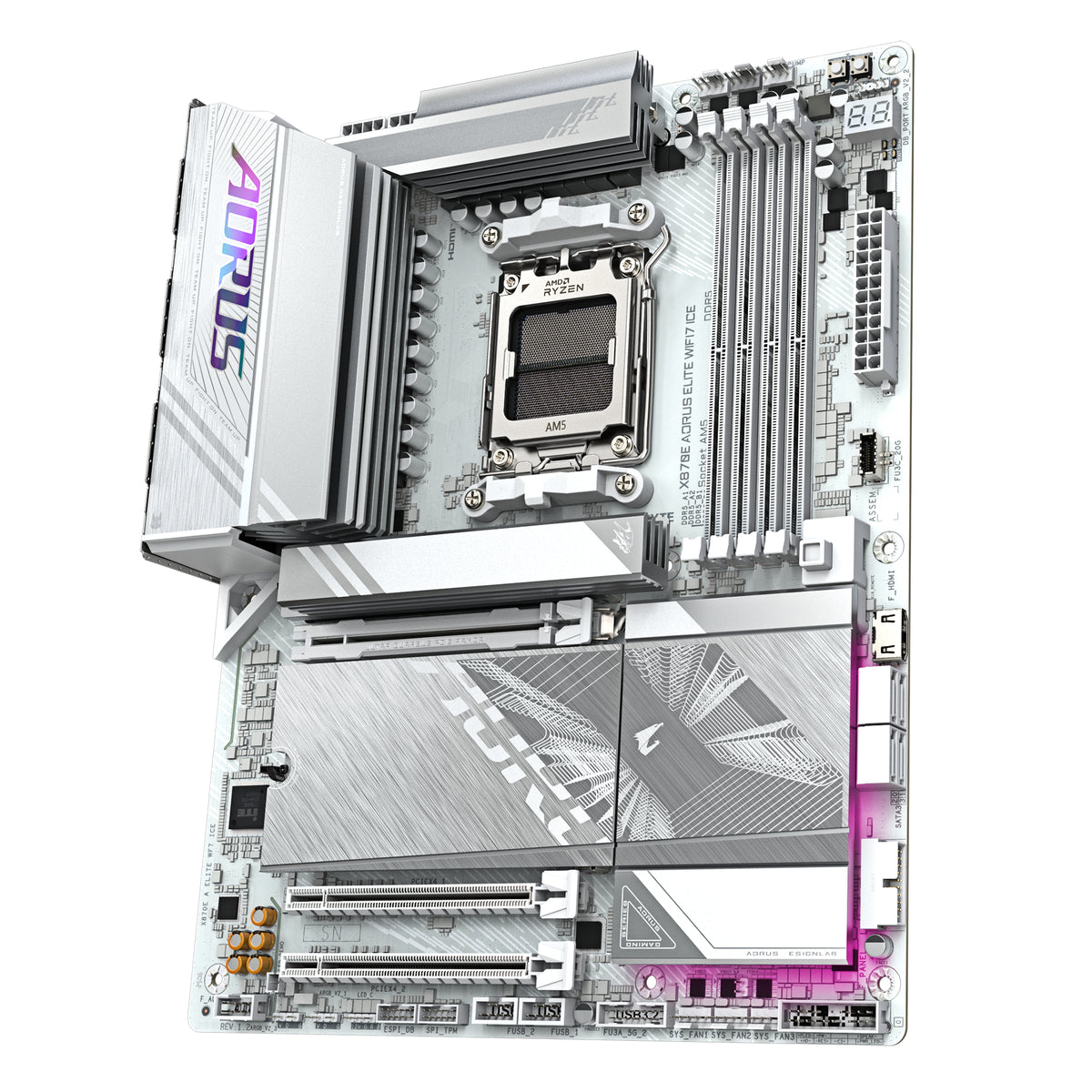 GIGABYTE X870E AORUS ELITE WIFI7 ICE Mainboard – Unterstützt AMD Ryzen 9000 Prozessoren, digitales 16+2+2 Phasen VRM, bis zu 8200 MHz DDR5 (O.C.), 3x PCIe 5.0 + 1x PCIe 4.0, Wi-Fi 7, 2.5 GbE LAN, USB 4