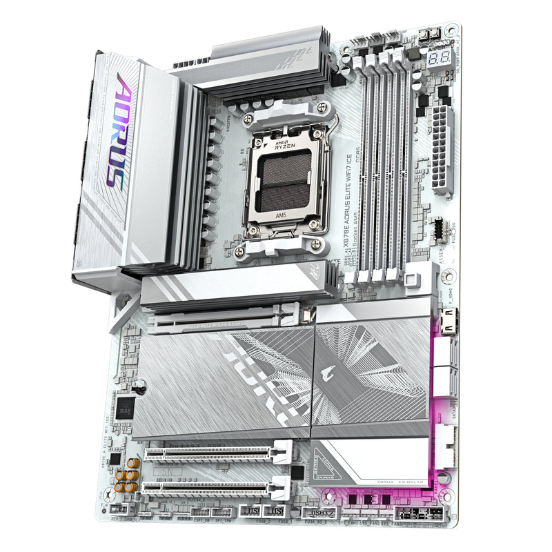 GIGABYTE X870E AORUS ELITE WIFI7 ICE Mainboard – Unterstützt AMD Ryzen 9000 Prozessoren, digitales 16+2+2 Phasen VRM, bis zu 8200 MHz DDR5 (O.C.), 3x PCIe 5.0 + 1x PCIe 4.0, Wi-Fi 7, 2.5 GbE LAN, USB 4