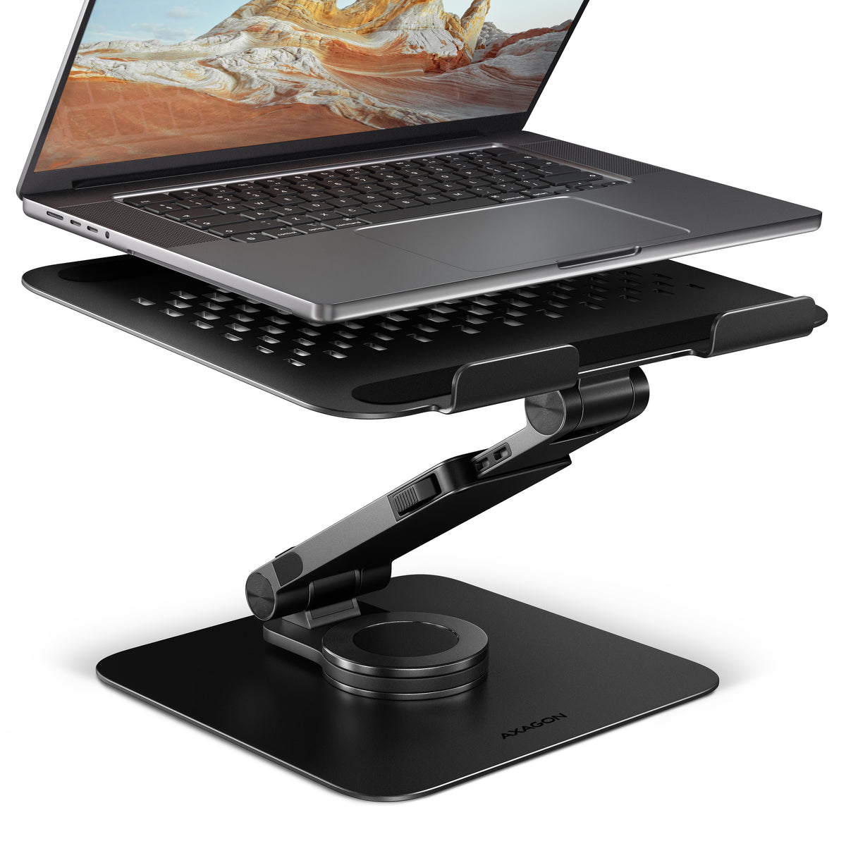 Axagon STND-LRB Aluminiumständer mit 360°-Drehung für Laptops 10"–17.3". Verstellbare Höhe und Winkel. Schwarze Version.