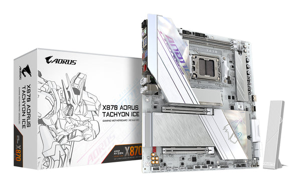 GIGABYTE X870 AORUS TACHYON ICE Mainboard – Unterstützt AMD Ryzen 9000 CPUs, digitale 18+2+2 Phasen VRM, bis zu 9600 MHz DDR5 (OC), 1 x PCIe 5.0 + 2 x PCIe 4.0, Wi-Fi 7, 5 GbE LAN, USB 4