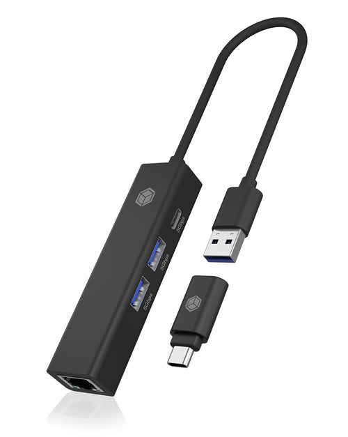 ICY BOX IB-HUB1439-LAN, USB 3.2 Gen 1 HUB und LAN Adapter, Type-A+C zu 2x USB-A & 1x USB-C® & Gigabit LAN, USB Type-A zu Type-C Adapter, Aluminium, schwarz