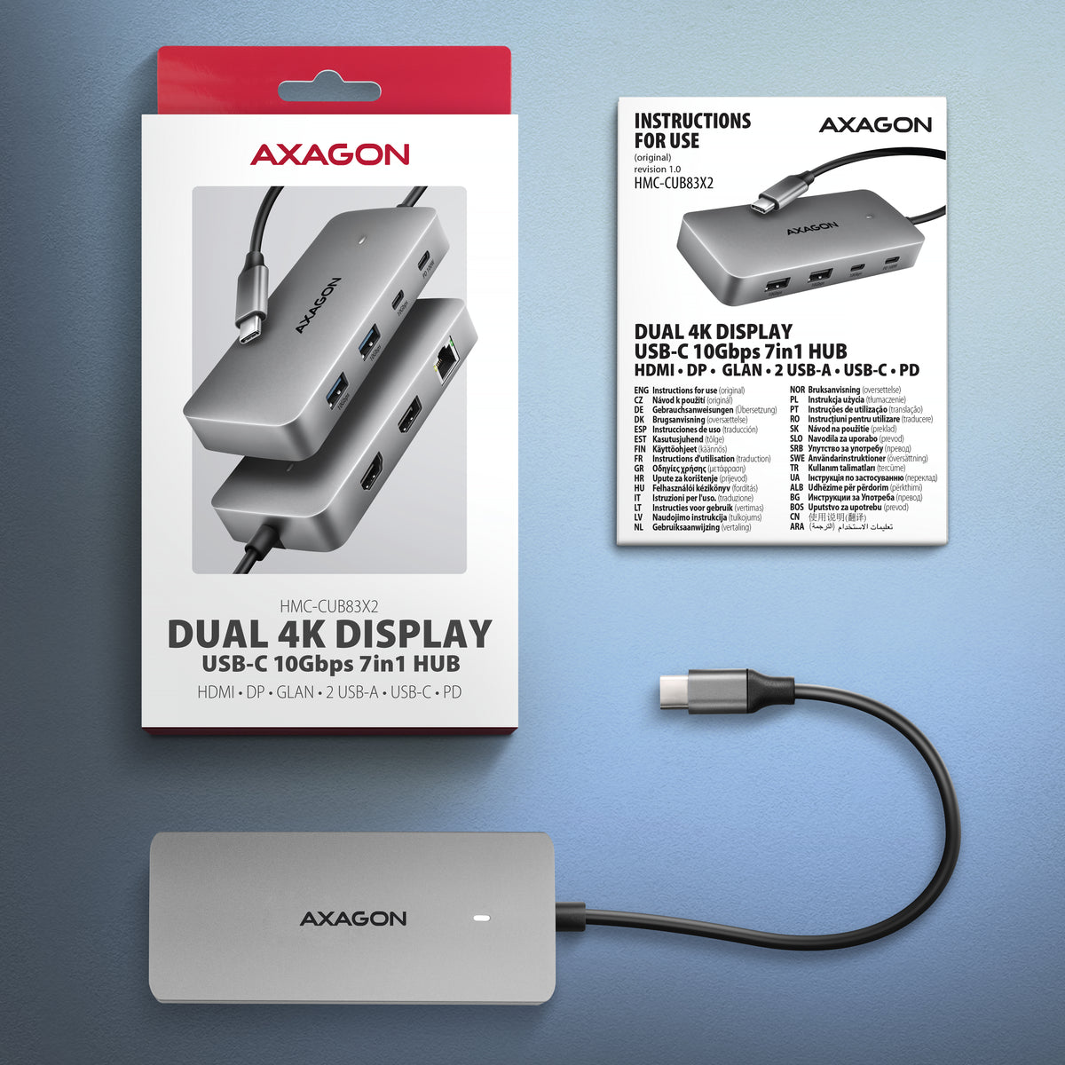 Axagon HMC-CUB83X2 USB 10Gbps hub, 2x USB-A, USB-C, HDMI & DP 4k/144Hz, RJ-45, PD 100W