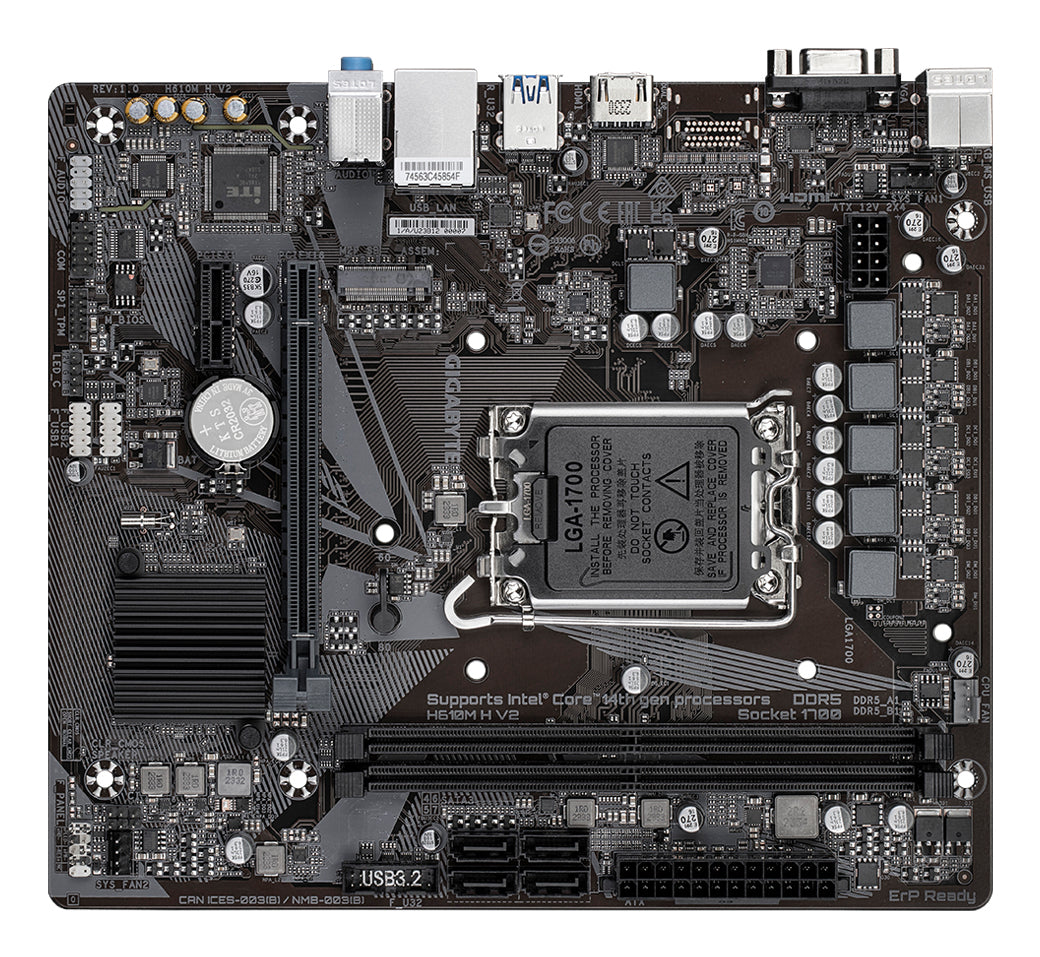 GIGABYTE H610M H V2 Mainboard - Unterstützt Intel Core Prozessoren 14th CPUs, 4+1+1 Hybrid Digital VRM, up to 5600MHz DDR5, 1xPCIe 3.0 M.2, GbE LAN, USB 3.2 Gen 1