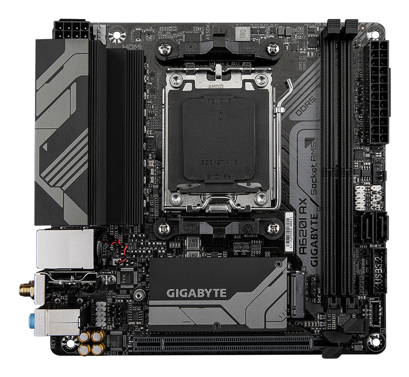 GIGABYTE A620I AX Motherboard - Unterstützt AMD Ryzen 8000 CPUs, 5+2+1 Phasen Digital VRM, bis zu 6400MHz DDR5 (OC), 1xPCIe 4.0 M.2, Wi-Fi 6E, 2.5GbE LAN, USB 3.2 Gen 2