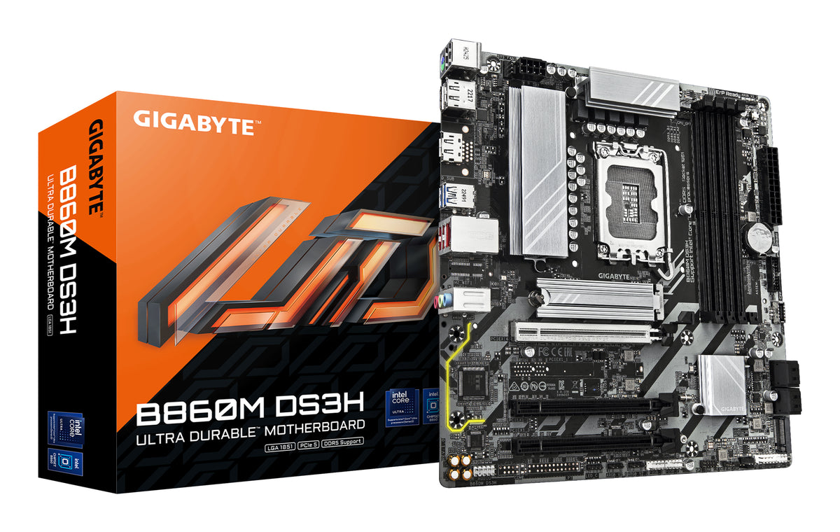 GIGABYTE B860M DS3H Mainboard - Intel Core Ultra CPUs, 5+1+2+1 Phasen VRM, bis zu 9066MHz DDR5, 1xPCIe 5.0 + 1xPCIe 4.0 M.2, 2,5 GbE LAN, USB 3.2 Gen 2