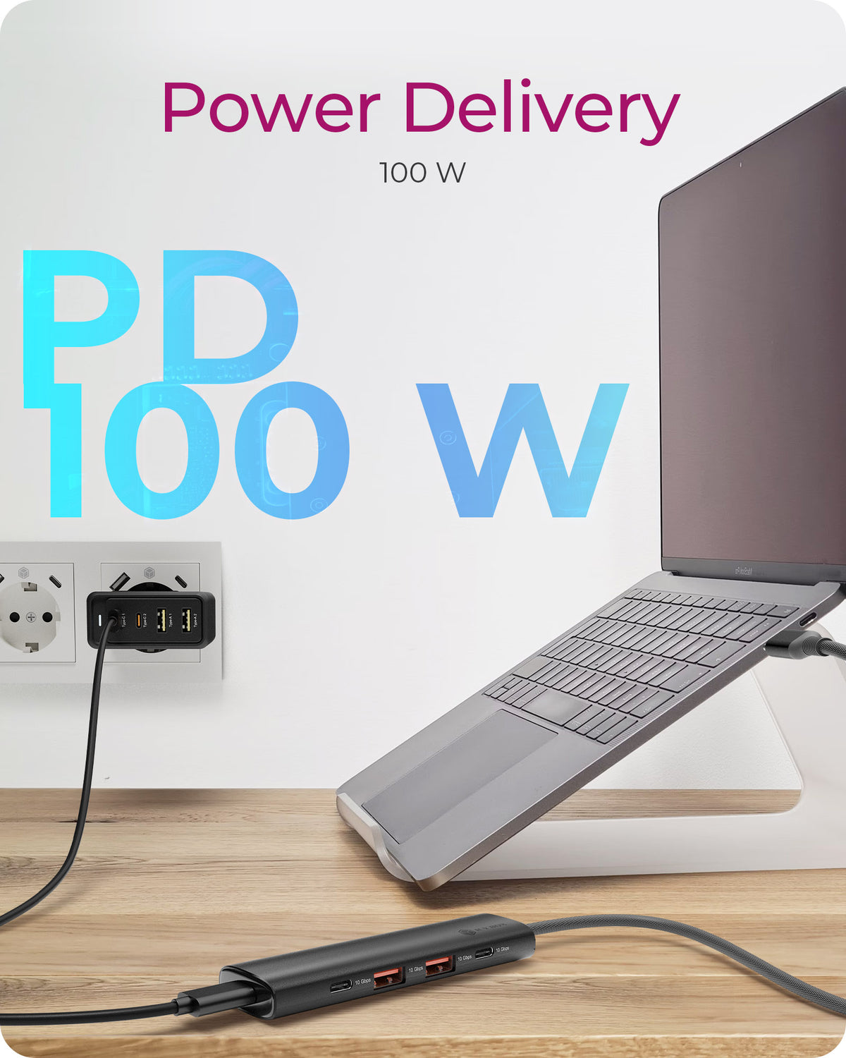 ICY BOX IB-HUB1437-CPD, 4-Port USB 3.2 Gen 2 Hub, 10 Gbit/s, 2x Type-C® + 2x Type-A, 1x USB PD 100 W, 30cm Cable