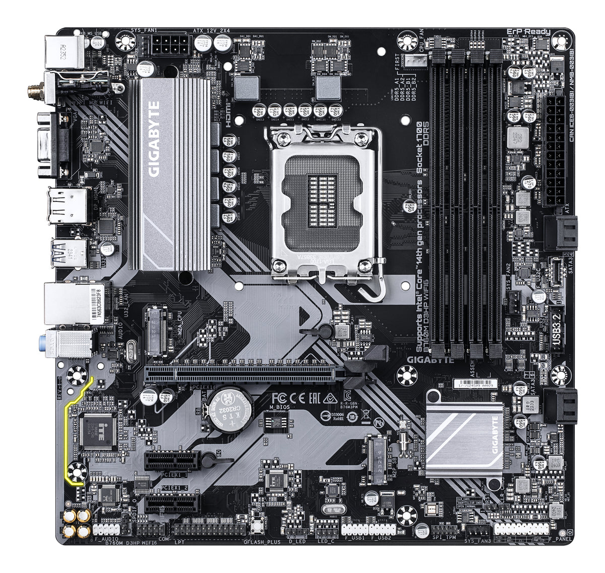 GIGABYTE B760M D3HP WIFI6 Mainboard – Unterstützt Intel Core Prozessoren der 14. Generation, digitales 4+1+1 Phasen VRM, bis zu 5600 MHz DDR5, 2x PCIe 4.0 M.2, Wi-Fi 6, GbE LAN, USB 3.2 Gen 1