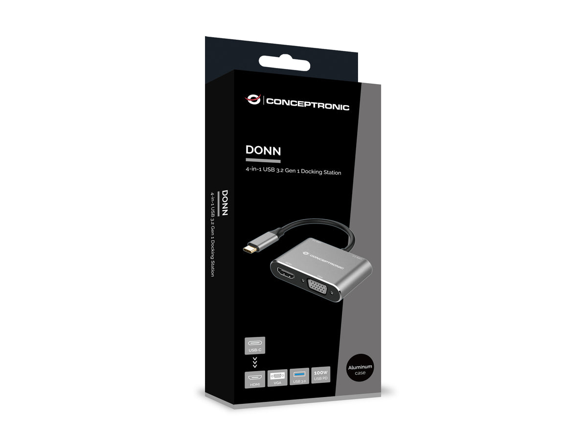 Conceptronic DONN16G 4-in-1 USB 3.2 Gen 1 Dockingstation, HDMI, VGA, USB-A 3.0, 100W USB PD