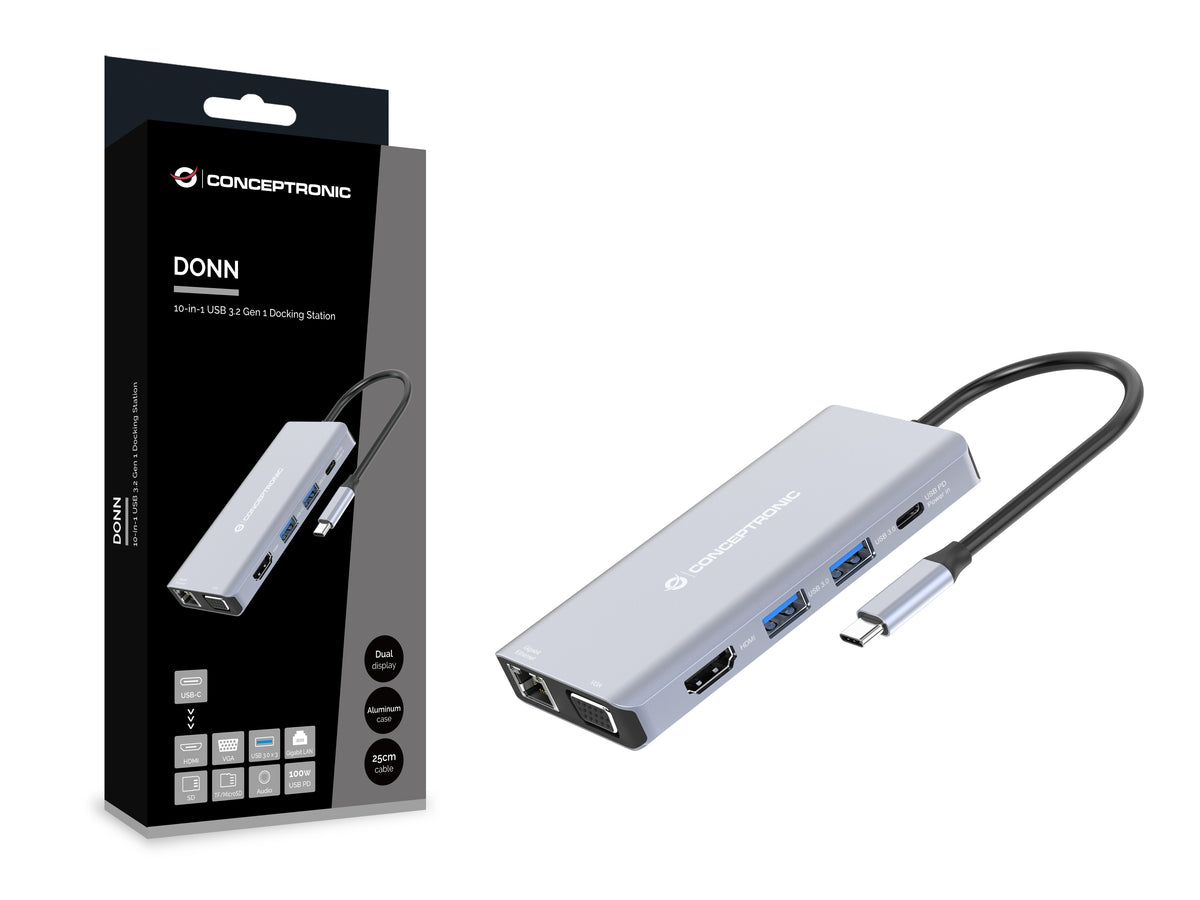 Conceptronic DONN20G 10-in-1 USB 3.2 Gen 1 Dockingstation, HDMI, VGA, USB-A 3.0 x 3, SD, TF/MicroSD, Audio, GbE LAN, 100W USB PD