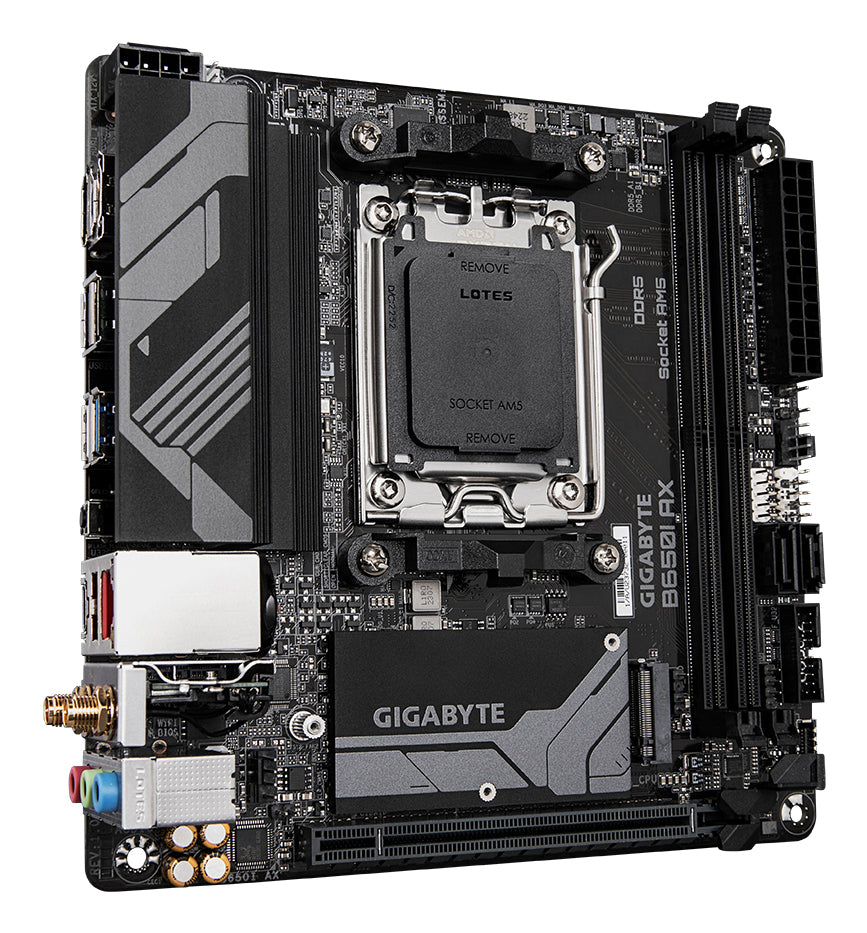 GIGABYTE B650I AX Mainboard - AMD Ryzen 9000er-Serie, 5+2+1 Phasen VRM, bis zu 6400 MHz DDR5 (OC), 1xPCIe 4.0 M.2, 2,5 GbE LAN, WIFI 6E, USB 3.2 Gen 2