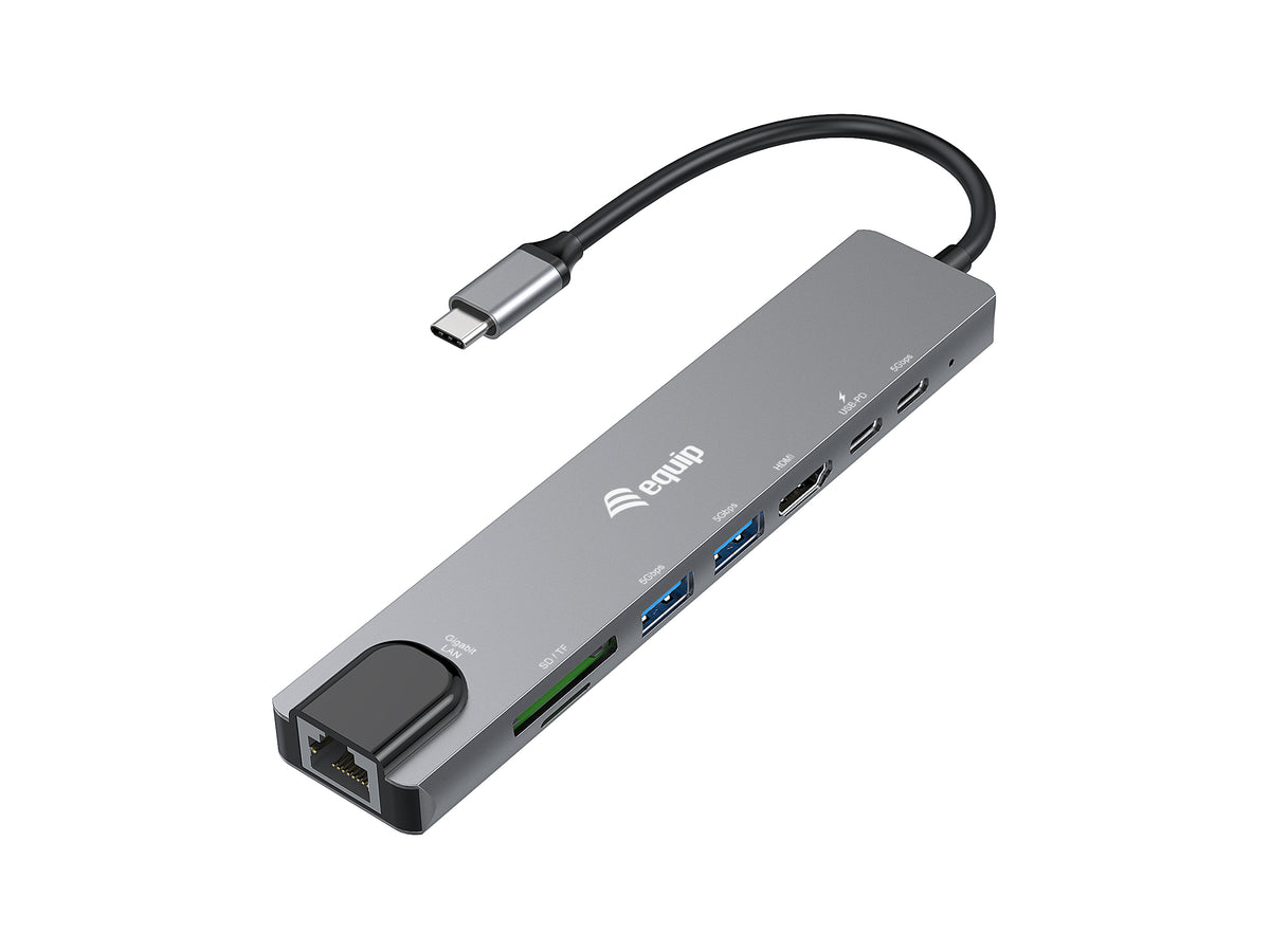Equip USB-C 8-in-1 Multifunktionaler Adapter, HDMI 4K/30Hz, Gigabit-LAN, USB-A x 2, USB-C x 1, SD/TF, 100W USB PD