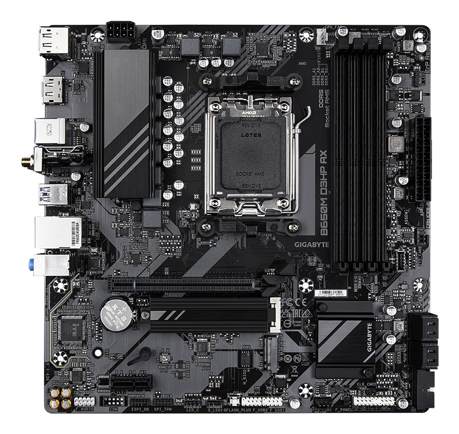 GIGABYTE B650M D3HP AX Mainboard - AMD Ryzen 9000er-Serie, 5+2+2 Phasen VRM, bis zu 8000 MHz DDR5 (OC), 2xPCIe 4.0 M.2, WIFI 6E, 2,5 GbE LAN, USB 3.2 Gen 1