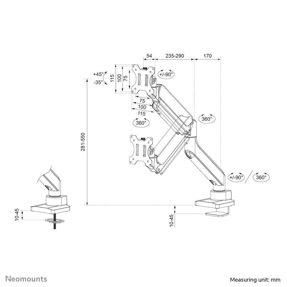 Neomounts DS70-450BL1 Monitorarm 17-42" - Gasfeder - Topfix - 180°-Stopp