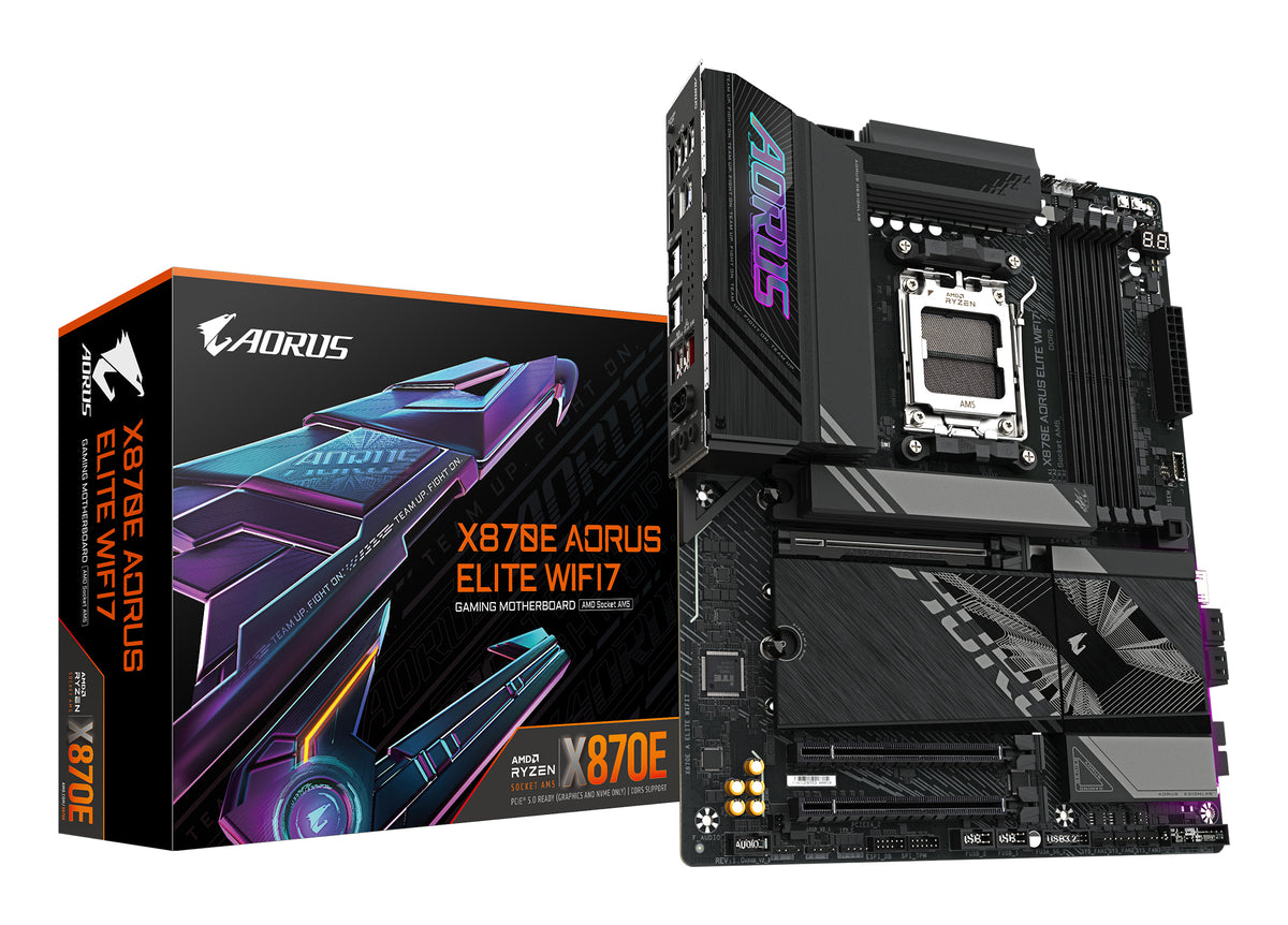 GIGABYTE X870E AORUS ELITE WIFI7 Mainboard - Unterstützt AMD Ryzen 9000 CPUs, 16+2+2 Phasen digitales VRM, bis zu 8000Hz DDR5 (OC), 3xPCIe 5.0 + 1xPCIe 4.0, Wi-Fi 7, 2.5GbE LAN, USB 4