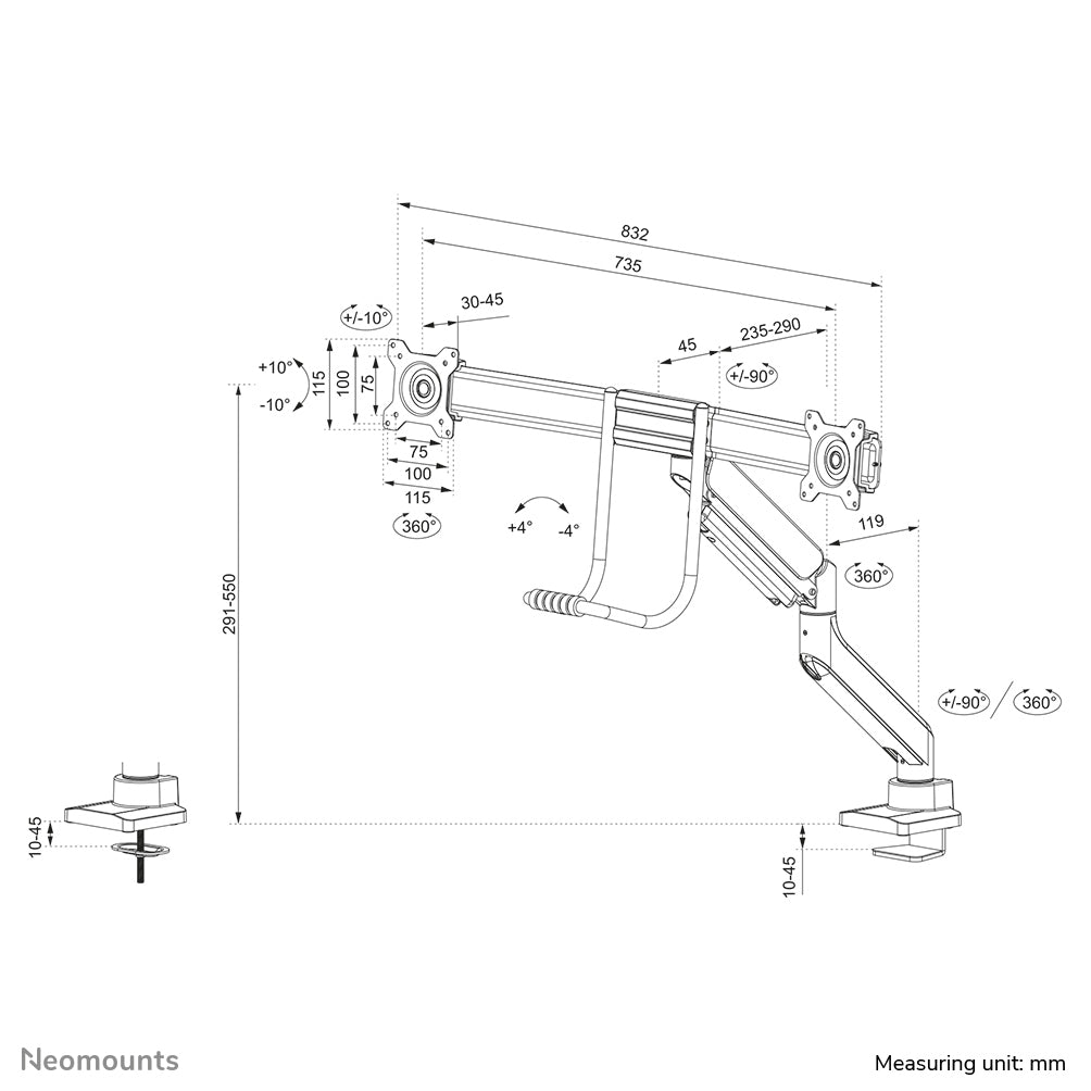 Neomounts DS75-450WH2 Monitorarm 17-32" - Gasfeder - Topfix - 180°-Stopp