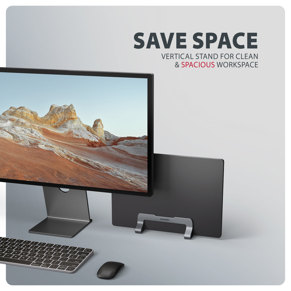 Axagon STND-VG Aluminiumständer für die vertikale Platzierung von Laptops mit einer Größe von 10"–17.3". Einstellbare Schlitzbreite 9.5–25.5 mm. Graue Version.