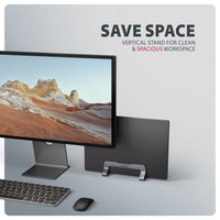 Axagon STND-VG Aluminiumständer für die vertikale Platzierung von Laptops mit einer Größe von 10"–17.3". Einstellbare Schlitzbreite 9.5–25.5 mm. Graue Version.