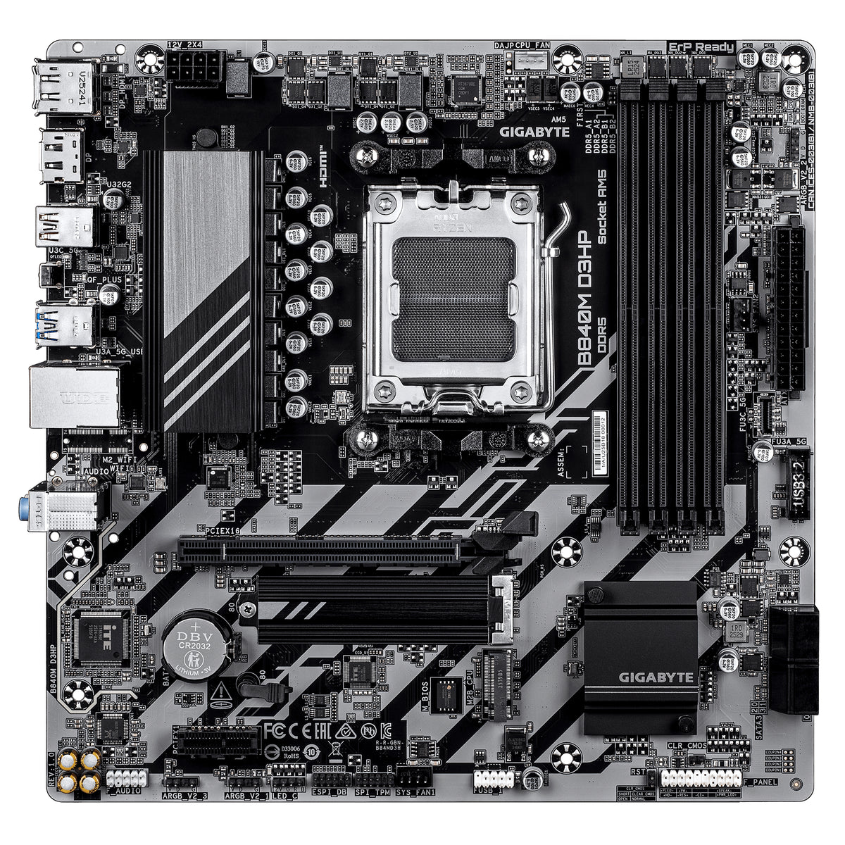 GIGABYTE B840M D3HP Mainboard – AMD Ryzen 9000 CPUs, 8+2+2-Phasen-VRM, bis zu 8200 MHz DDR5 (O.C.), 2× PCIe-4.0-M.2, 1-GbE-LAN, USB 3.2 Gen 2