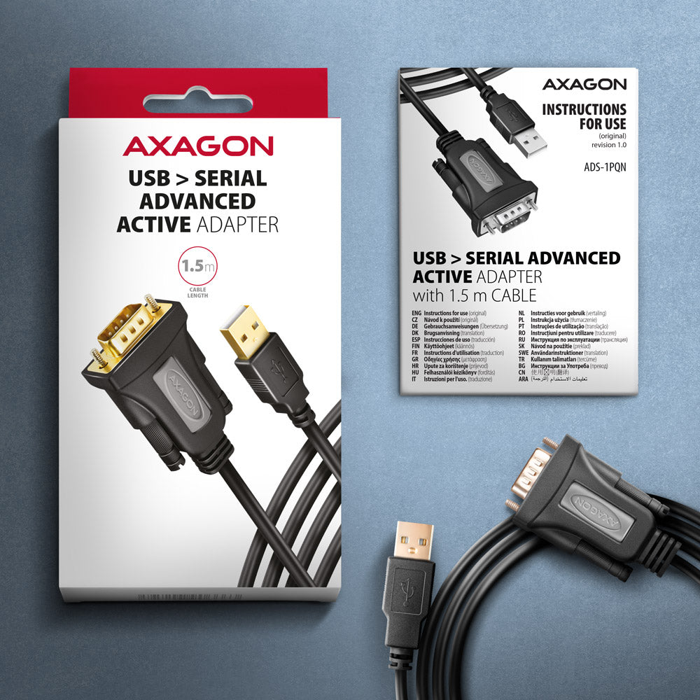 Axagon ADS-1PQN USB-A 2.0 - serial RS-232 DB9-M FTDI adapter cable 1.5m - Adapter - Digital/Daten Serien-Kabel Schwarz 1,5 m USB Typ-A