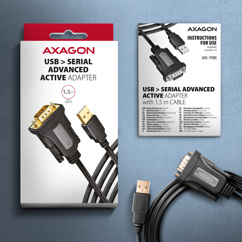 Axagon ADS-1PQN USB-A 2.0 - serial RS-232 DB9-M FTDI adapter cable 1.5m - Adapter - Digital/Daten Serien-Kabel Schwarz 1,5 m USB Typ-A