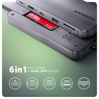 Axagon HMC-6GM2 USB 10Gbps hub USB-A USB-C HDMI M.2 SD/mSD PD 100W USB-C Kabelgebunden USB 3.2 Gen 2 (3.1 Gen 2) Type-C Grau