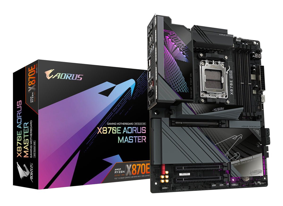 GIGABYTE X870E AORUS MASTER Mainboard - Unterstützt AMD Ryzen 9000 CPUs, 16+2+2 Phasen digitales VRM, bis zu 8600MHz DDR5 (OC), 3xPCIe 5.0 + 1xPCIe 4.0, Wi-Fi 7, 5GbE LAN, USB 4