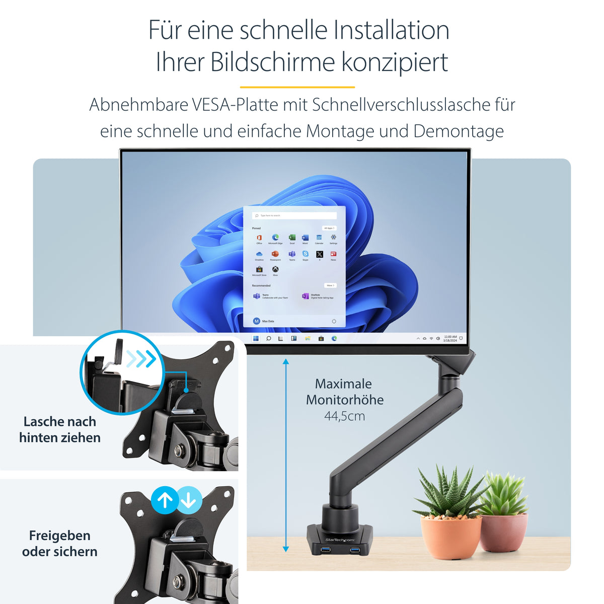 StarTech.com Tisch Monitorarm mit 2x USB 3.0 Ports, Vollbewegliche Monitorhalterung mit Federarm für VESA Monitore bis zu 34 Zoll (8kg), C-Klemme/Durchführung