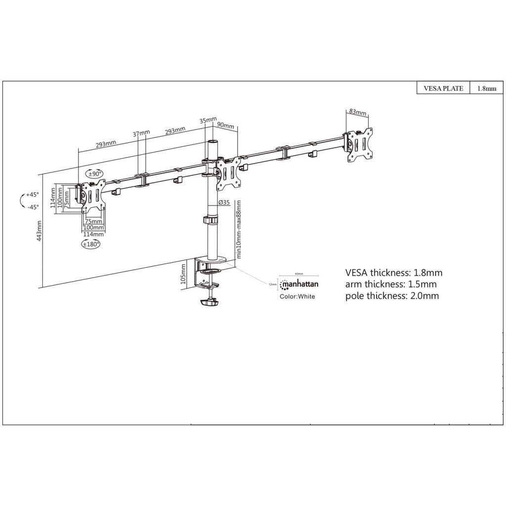 Manhattan Tischhalterung mit Monitorarm für drei Displays, Geeignet für drei Displays von 13" bis 27", einer zentral montiert, zwei auf den Monitorarmen, zweifach schwenkbar