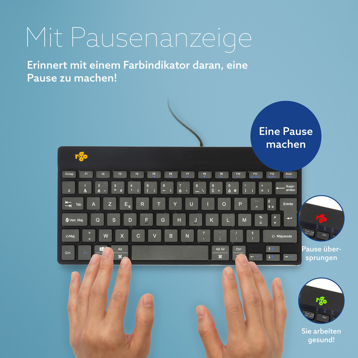 R-Go Tools Ergonomische Tastatur R-Go Compact Break, kompakte Tastatur mit Pausensoftware, AZERTY (FR), Kabelgebunden, Schwarz