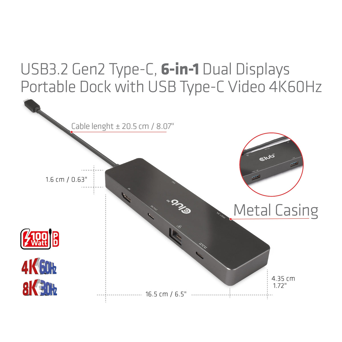 CLUB3D 6-in-1 USB3.2 Gen2 Typ-C Dual Displays Portable Dock mit USB Typ-C Video 4K60Hz