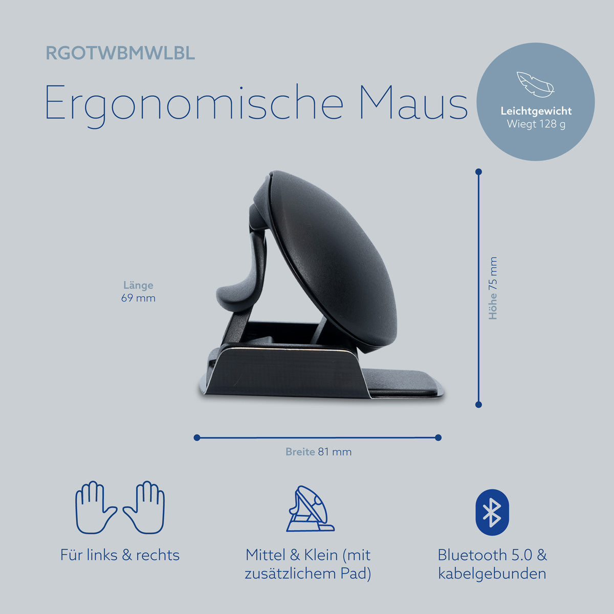 R-Go Tools Ergonomische Maus R-Go Twister mit Pausensoftware, beidhändige Maus, faltbar, Bluetooth und kabelgebunden